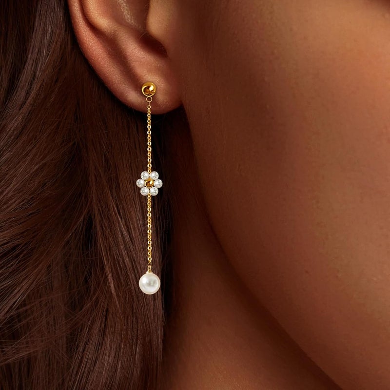 IMBOS Pearl Earrings 14k Gold Plated Daisy Flower Stud Earrings for Women Ball Stud Flat Back Earring Hypoallergenic Statement Earring Trendy Jewelry Gift for Women - Image 2